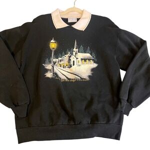 Vintage Christmas Village Sweatshirt Scalloped Collared Winter Grannycore Large
